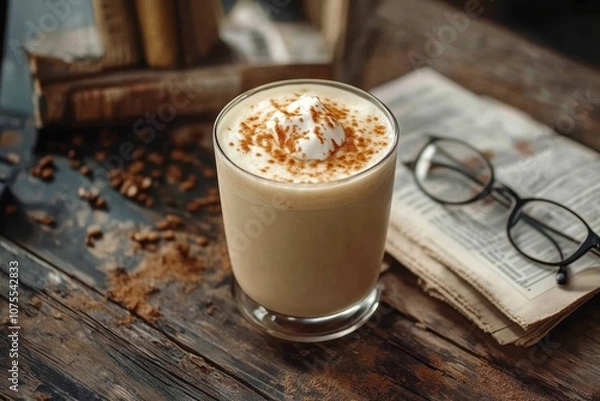 Fototapeta coffee shop scene, an iced vanilla latte with a topping, on a wooden cafe table with a newspaper and reading glasses beside it