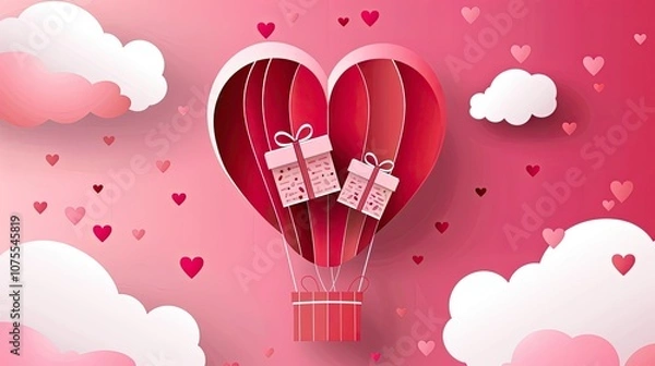 Fototapeta A heart-shaped hot air balloon carrying two wrapped gifts floats in the sky