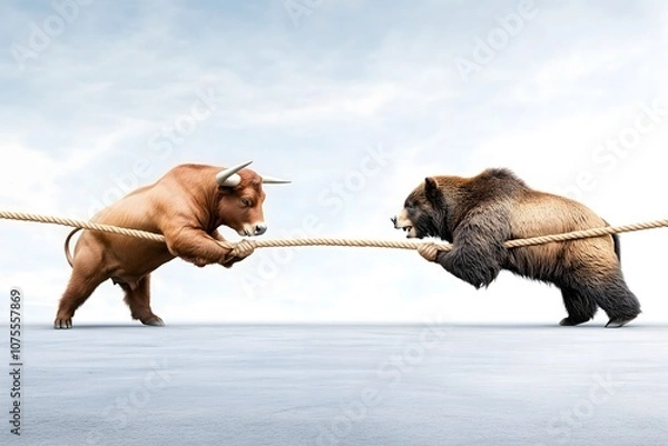 Obraz tug-of-war between bull and bear, stock market volatility and control