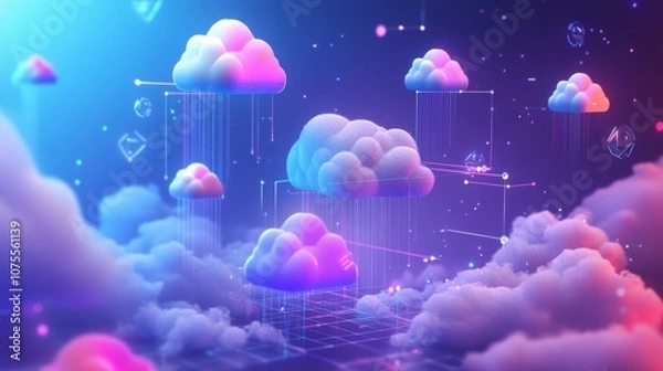 Fototapeta Different types of cloud symbols, including flat and 3D designs, connected to show the concept of data sharing across multiple clouds.