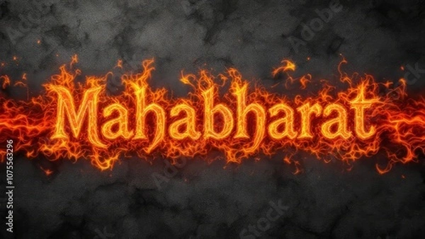 Fototapeta Bold "Mahabharat" typography in fiery font style, representing the Indian epic with flame effects, ideal for cultural, historical, and mythological themes in dramatic visuals