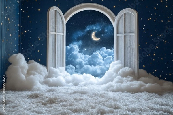 Obraz An arch of white clouds with stars and the moon in it, dream concept