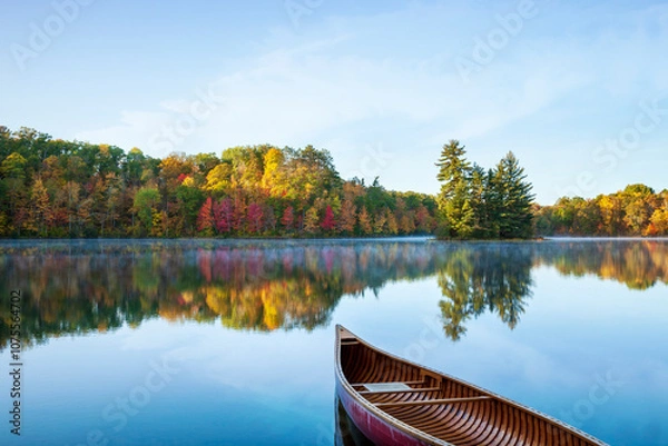 Obraz Red wood canoe on a beautiful calm lake with trees in fall color and a small island