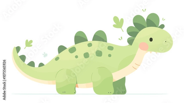 Fototapeta Green dinosaur with a green tail and green leaves on its head. It has a mouth and is smiling flat vector illustration