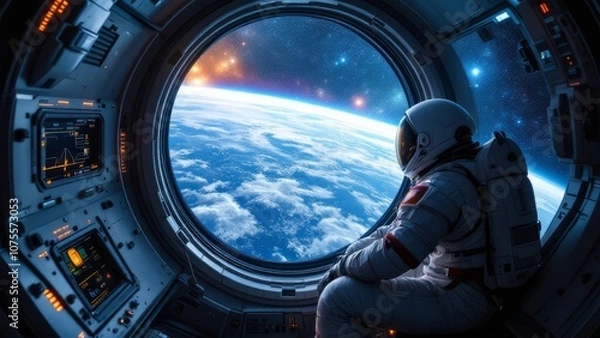Fototapeta Astronaut gazing at Earth from spaceship window, futuristic space exploration and observation, deep space travel concept with cosmic view, universe and interstellar journey