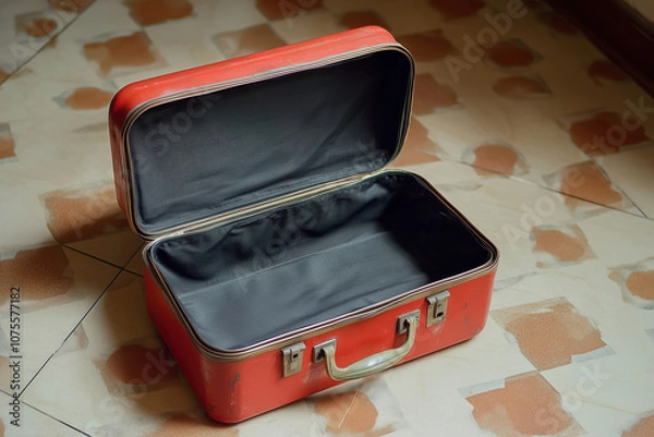 Obraz An empty vintage red suitcase sits open on a patterned floor, inviting memories of past travels and adventures. Generative AI