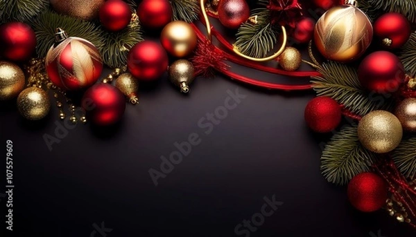 Fototapeta  Red and gold Christmas decorations against a black background ideal for posters cards h_1(1542)