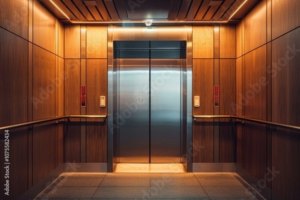 Fototapeta Empty modern elevator with closed doors in luxury building