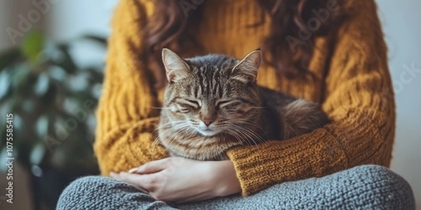 Fototapeta A Cozy Afternoon With a Tabby Cat Resting in a Person's Lap During a Peaceful Indoor Setting With Natural Light and Houseplants
