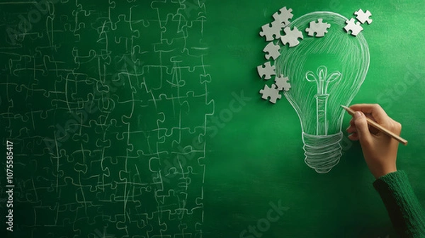 Fototapeta The image features a hand drawing a lightbulb on a bright green background, with white puzzle pieces forming the top part of the lightbulb. This design symbolizes innovation, problem solving