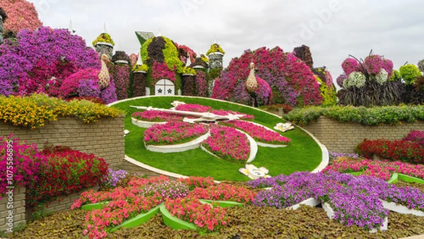 Fototapeta Decorative composition in form of clocks, peacocks and fairy-tale houses made of live pink, purple and red petunia flowers in miracle garden in Dubai, United Arab Emirates
