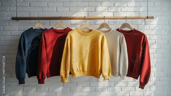 Fototapeta Women's sweatshirts, shirts, and blouses in all the colors of the rainbow are neatly hung on wooden hangers, arranged in order, against a white brick wall. This concept highlights an updated wardrobe 