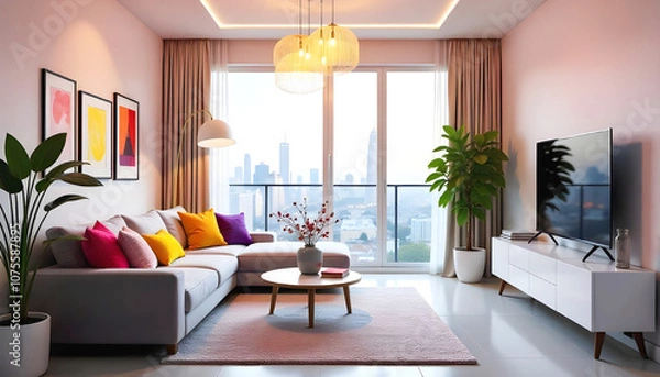 Fototapeta a living room with a couch and a coffee table