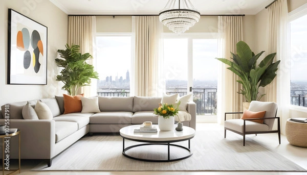 Obraz a living room with a couch a table and a plant with flowers on it