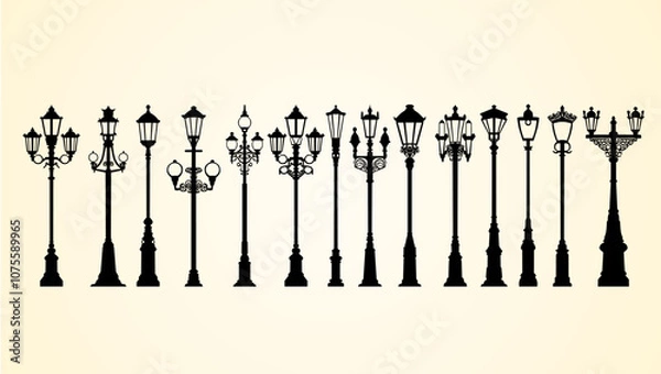 Obraz A collection of vintage-style street lamp silhouettes in various ornate designs.