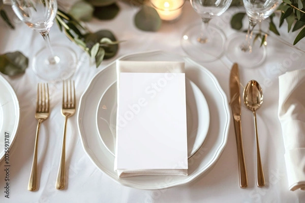 Fototapeta Mockup of white gift card. Greeting card at light beige background. Menu card in restaurant luxury table. Copy space for text or logo or message.	