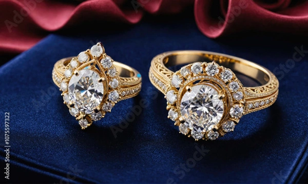 Fototapeta Two beautiful diamond rings sit on a blue velvet box, ready to be worn