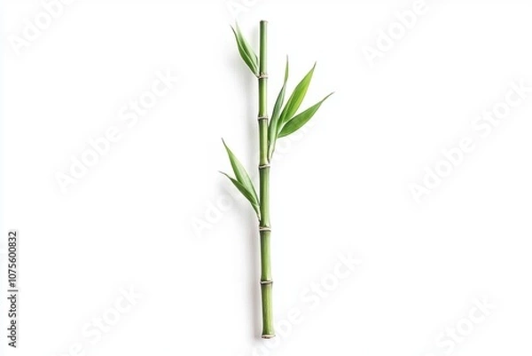 Fototapeta Fresh Green Bamboo Stem with Lush Leaves Isolated on White Background for Tranquil Nature Concepts, Wellness Themes, and Serene Botanical Designs