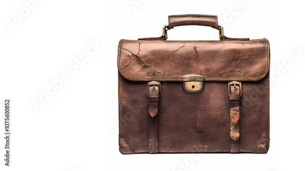 Fototapeta vintage leather briefcase, weathered brown, brass buckles, multiple compartments, distressed texture, professional accessory, classic design, high-resolution detail, studio lighting