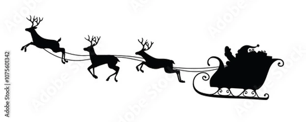 Obraz Christmas santa claus's flying sleigh with reindeer carrying presents illustration in black silhouette isolated on transparent background