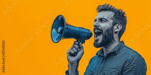 Fototapeta Bearded man shouting through a megaphone against vibrant yellow background. Bold and high-contrast expressive portrait.