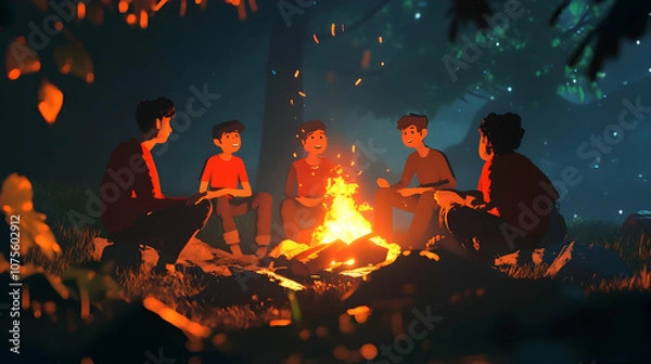 Fototapeta Group of friends sharing stories around a warm campfire. illustrations