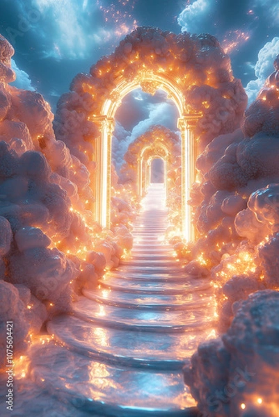 Fototapeta Heavenly Pathway with Golden Archways and Glowing Clouds, a Mystical Stairway to the Sky with a Radiant Marble Path Surrounded by Ethereal Light