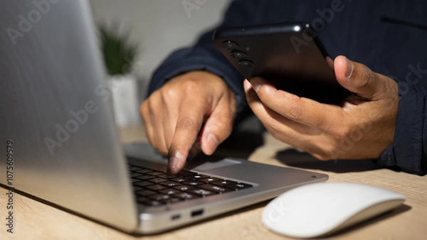 Obraz customer who uses the laptop and telephone to give a satisfaction rating, business reputation rating, quality of service.