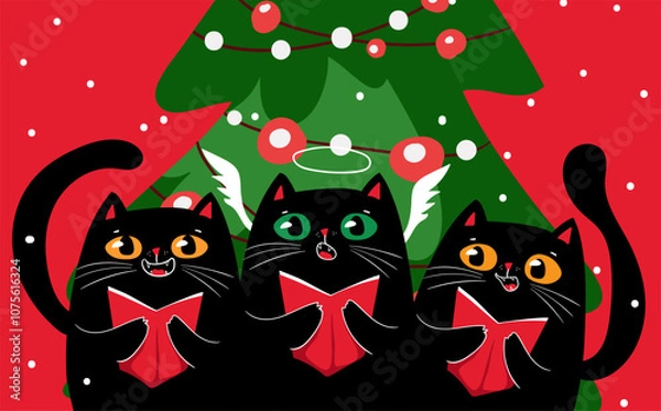 Obraz Kawaii character funny Black cats singing Christmas song near Christmas tree. Cute carols. Christmas and New year. Cartoon style.