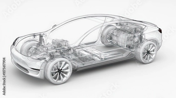 Obraz 3d line art illustration of a modern electric car chassis x ray exposing the vehicle battery