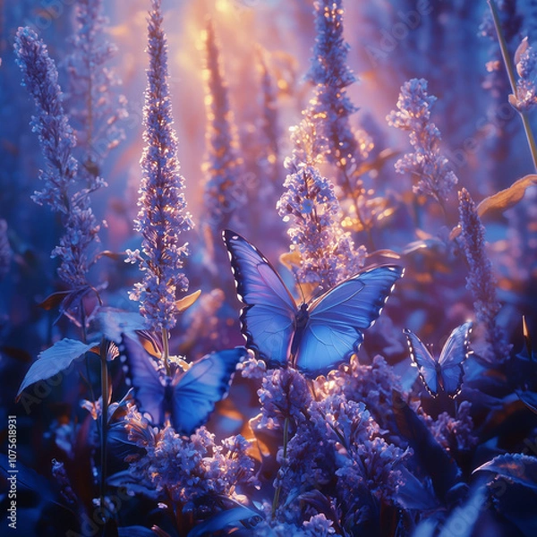 Fototapeta Blue Butterflies Resting on Lavender Flowers at Twilight, Illuminated by Warm Sunlight Creating a Mystical and Enchanting Atmosphere in a Dreamy Garden Scene