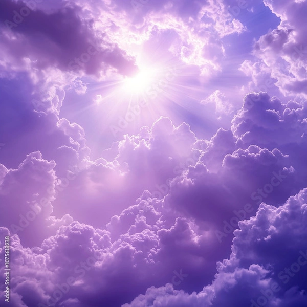 Fototapeta Sunlight Breaking Through Purple Clouds, a Radiant and Peaceful Sky Scene with Glowing Sunrays and Fluffy Cloud Layers