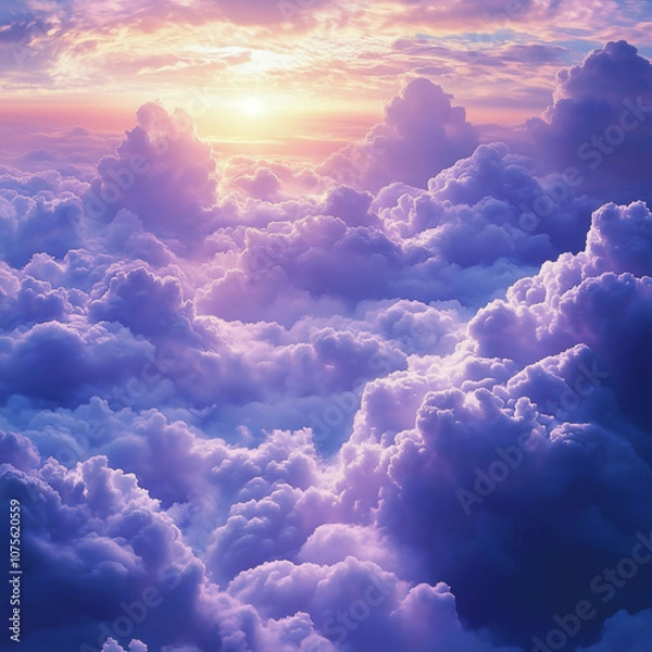 Fototapeta Sunset Over a Sea of Fluffy Purple Clouds, a Dreamy Landscape with Soft Light and Vibrant Sky Hues Creating a Magical Atmosphere