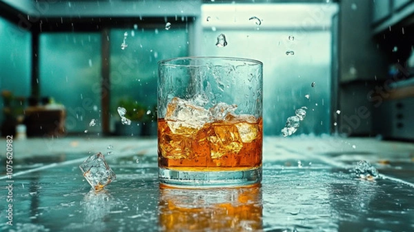 Fototapeta A vibrant close-up of a glass filled with whiskey and ice, capturing splashes of water in a lively, modern kitchen setting.