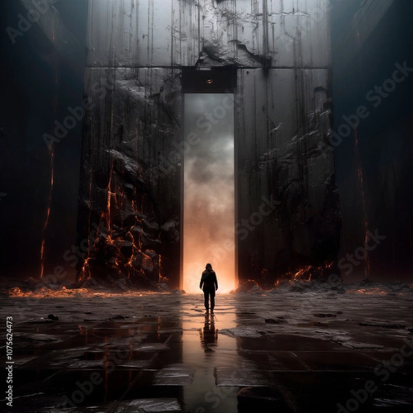 Fototapeta Surreal scene of a lone figure standing before a massive dark gate with glowing cracks and mist, evoking mystery and suspense.