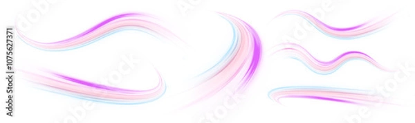 Fototapeta Luminous green neon waves PNG. Colored shiny sparks of spiral wave. Curved bright speed line swirls.	