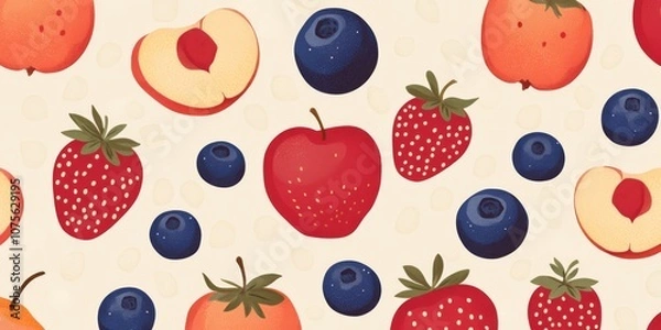 Fototapeta This minimalistic pattern showcases vibrant fruits like juicy oranges, sweet strawberries, and plump blueberries, ideal for playful designs that brighten any project with a cheerful touch