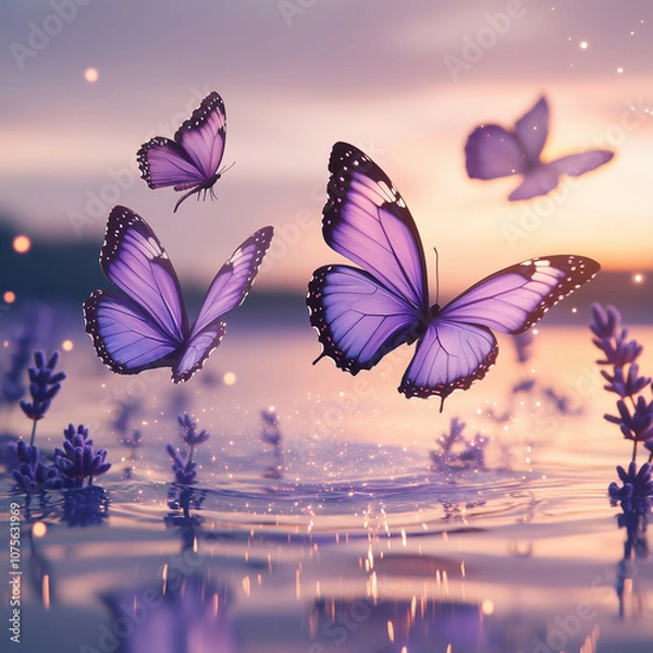 Fototapeta Purple Butterflies Soaring Above Lavender Water at Sunset, Surrounded by Sparkling Particles in an Enchanting and Peaceful Landscape