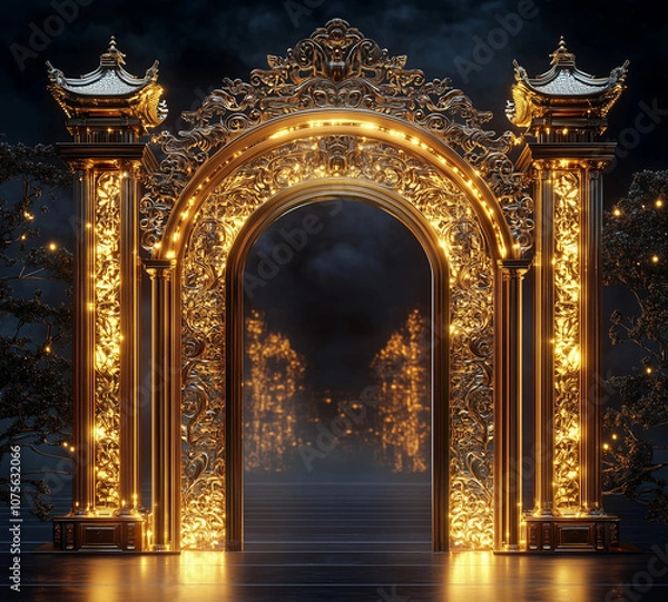 Fototapeta Ornate Golden Archway Gate with Intricate Patterns and Glowing Details, a Majestic Entrance in a Dark Mystical Setting with Sparkling Embellishments