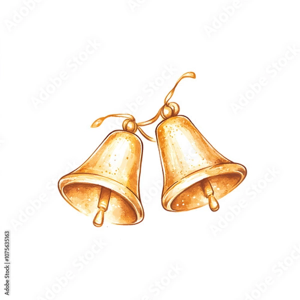 Obraz Beautiful hand drawn illustration of 2 golden bells on a white background, drawing for use in New Year's Eve and Christmas designs