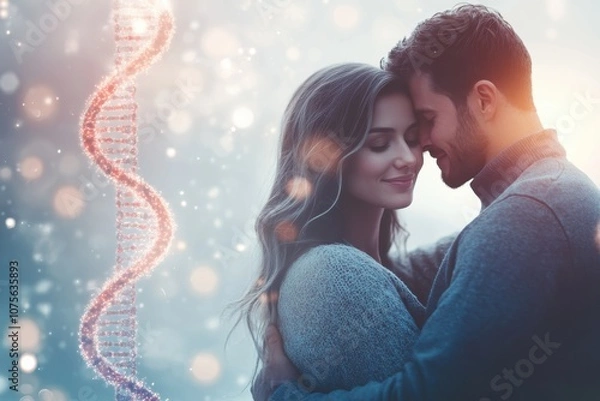 Obraz Couple sharing a romantic moment under a dreamy atmosphere with a DNA helix in the background