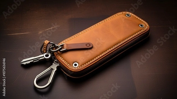 Fototapeta Elegant brown leather key holder with stitching detail on a dark background.