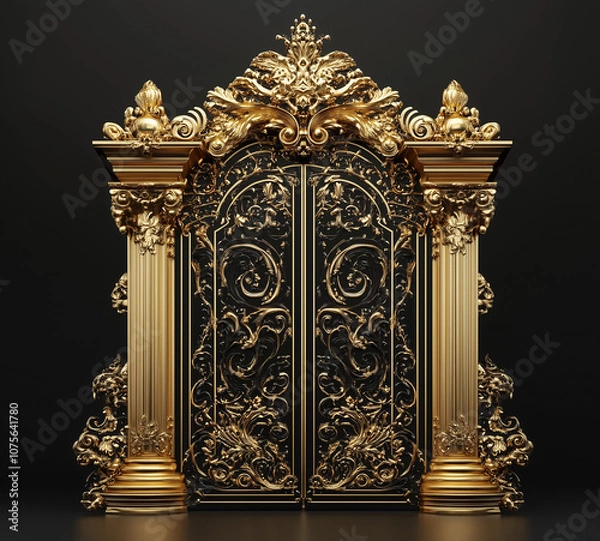 Fototapeta Luxurious Gold Ornate Gate with Intricate Details on Black Background, Featuring Elegant Baroque Designs and Regal Architectural Elements