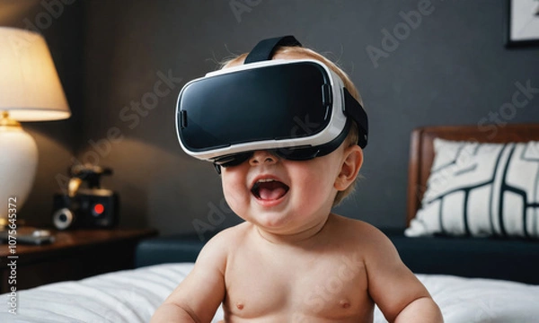 Obraz A baby is wearing a virtual reality headset and smiling while sitting on a bed