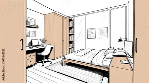 Fototapeta Minimalist bedroom with smart zoning for a productive home workspace.