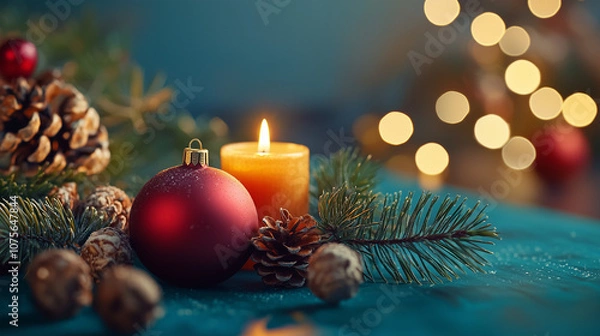 Fototapeta A cozy holiday scene featuring a red ornament, a candle, and pinecones with soft background bokeh.