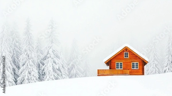 Fototapeta   A tiny log cabin surrounded by a snowy field, dotted with tall trees, and a light dusting on the ground