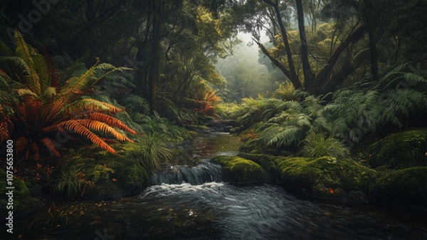 Fototapeta 緑豊かな森と静かな渓流