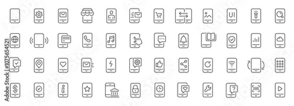 Fototapeta Smartphone functions thin line icons set. Mobile phone technology. Editable stroke. Vector
