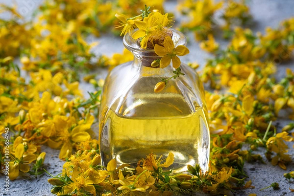 Fototapeta Preparation of St. John's wort oil from fresh blooming Hypericum perforatum plant (Turkish name; sari kantaron yagi)